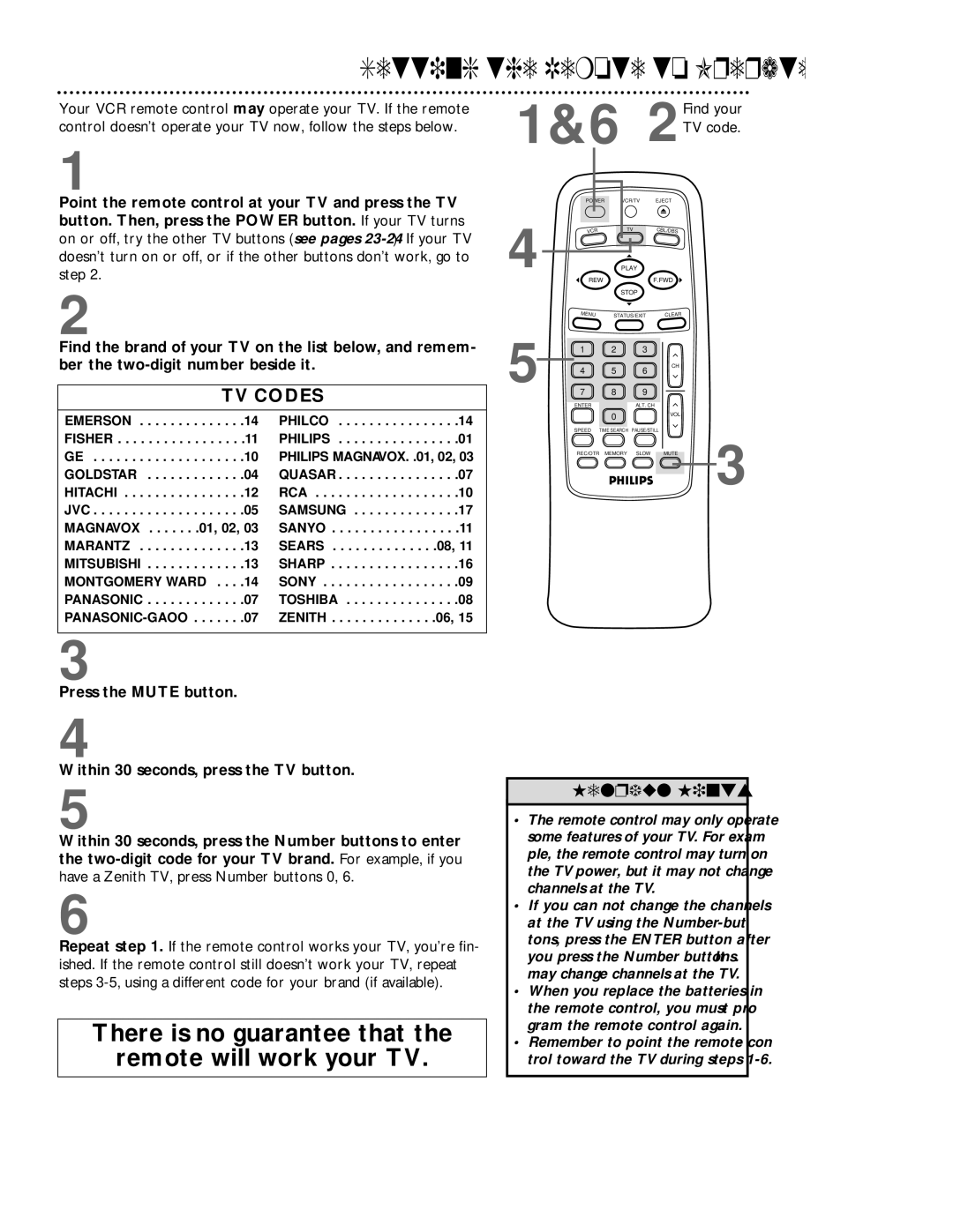 Philips VRB413AT, VRB613AT Setting the Remote to Operate a TV, Your VCR remote control may operate your TV. If the remote 