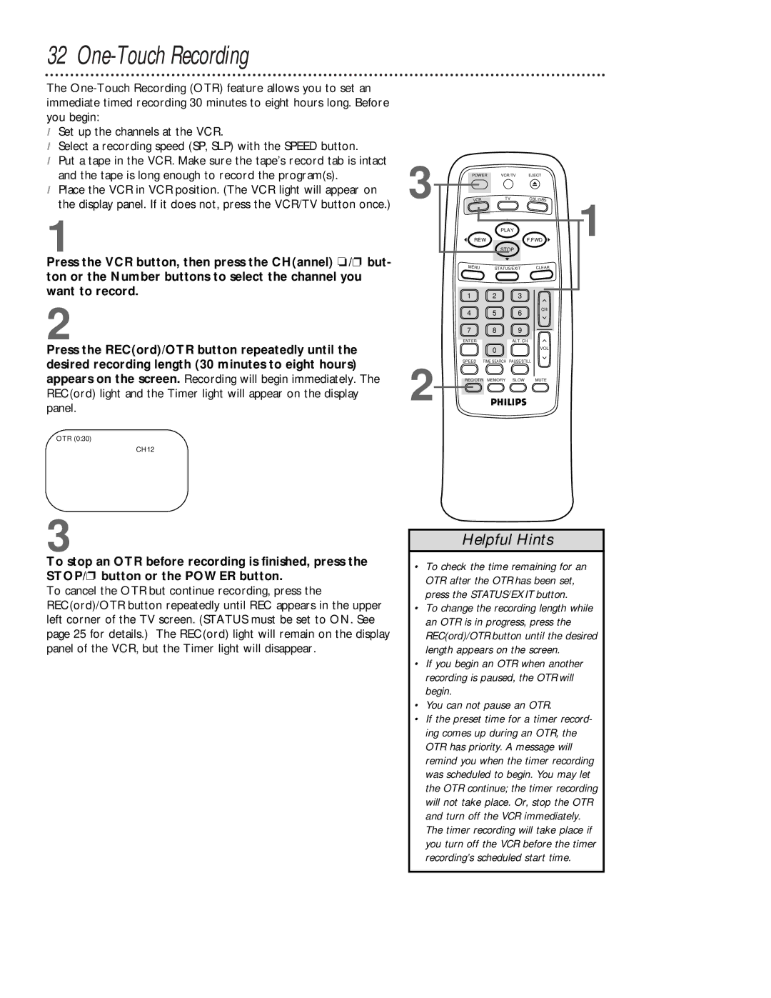 Philips VRB613AT, VRB413AT owner manual One-Touch Recording, OTR CH12 