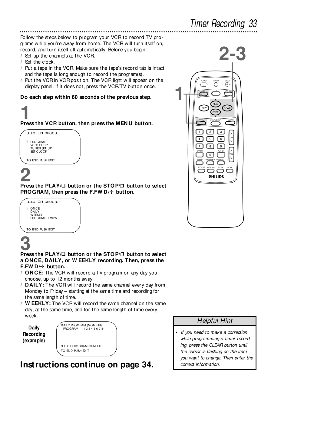 Philips VRB413AT, VRB613AT owner manual Timer Recording, Daily 