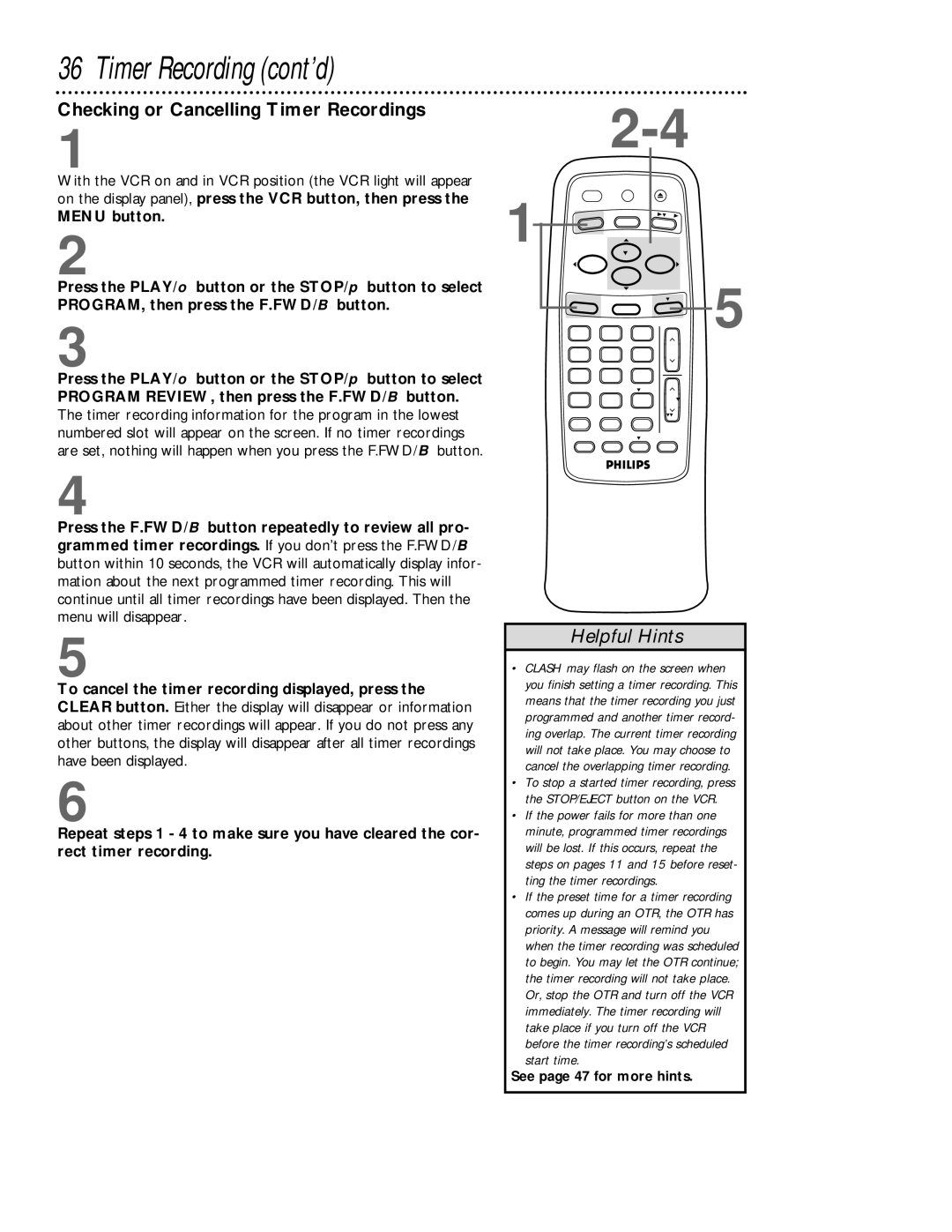 Philips VRB613AT, VRB413AT owner manual Checking or Cancelling Timer Recordings 