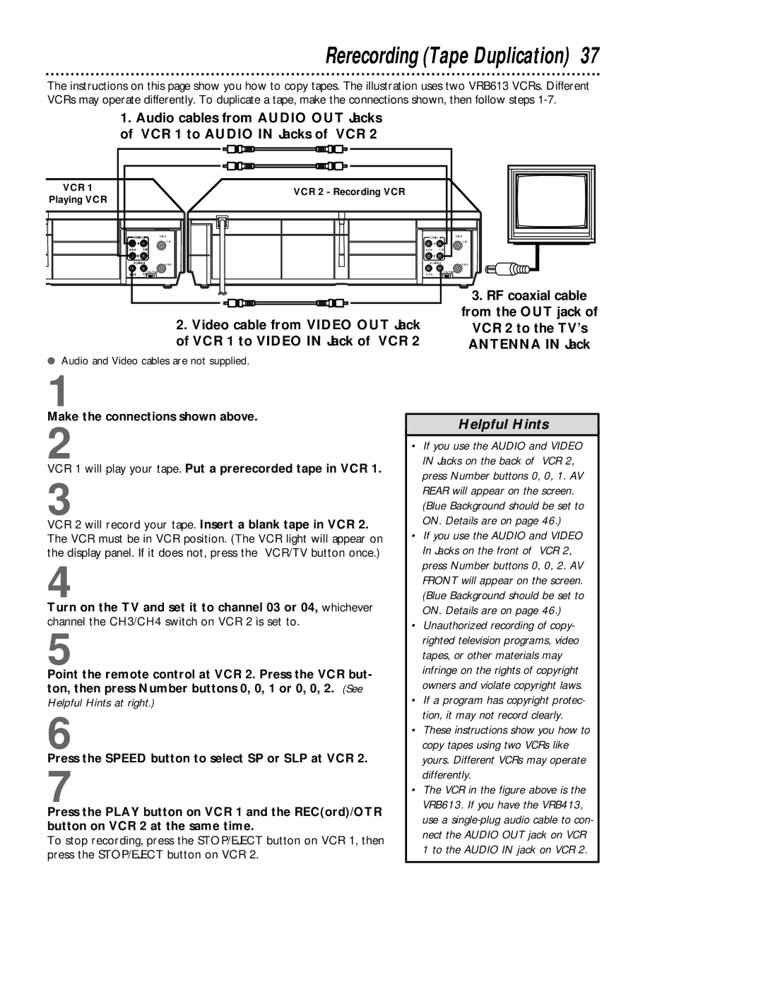 Philips VRB413AT, VRB613AT owner manual Rerecording Tape Duplication, RF coaxial cable 