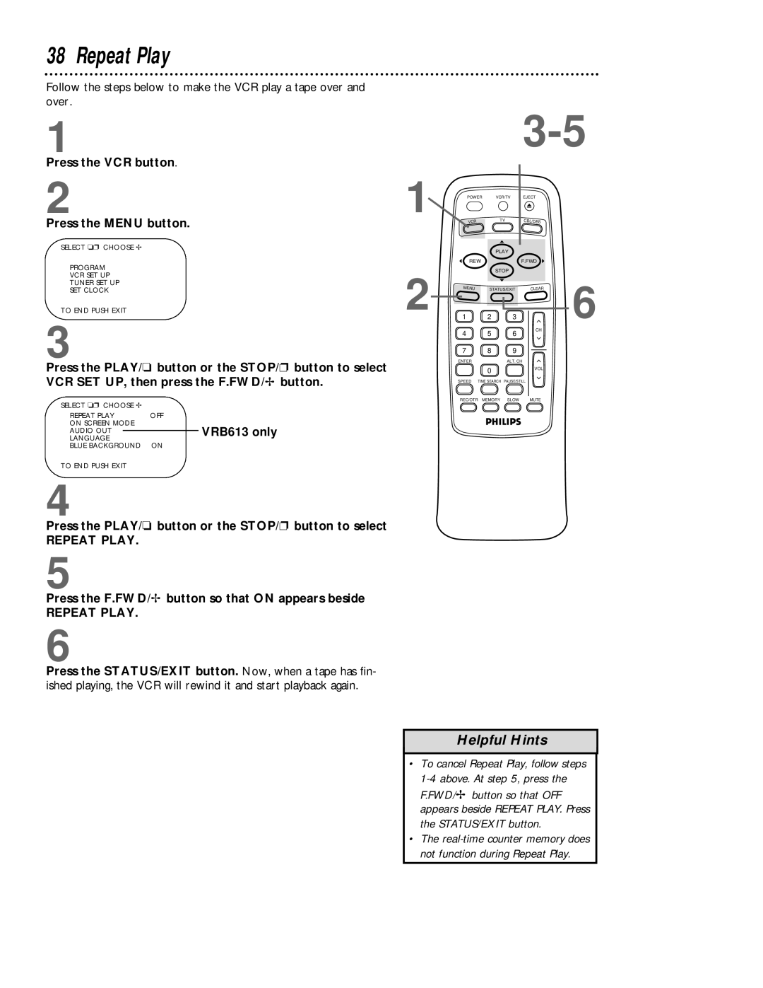 Philips VRB613AT, VRB413AT owner manual Repeat Play, VCR SET UP, then press the F.FWD/B button 