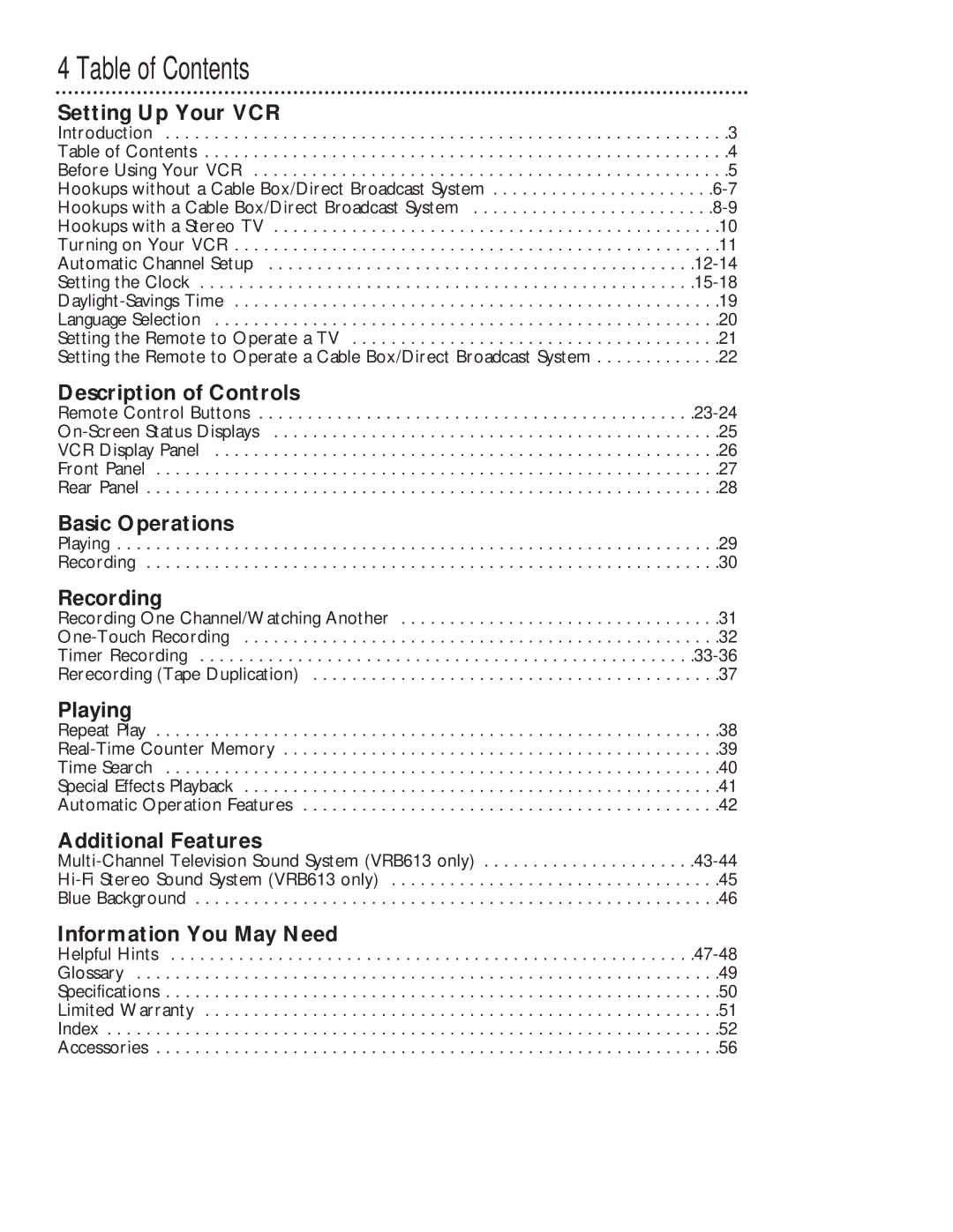 Philips VRB613AT, VRB413AT owner manual Table of Contents 