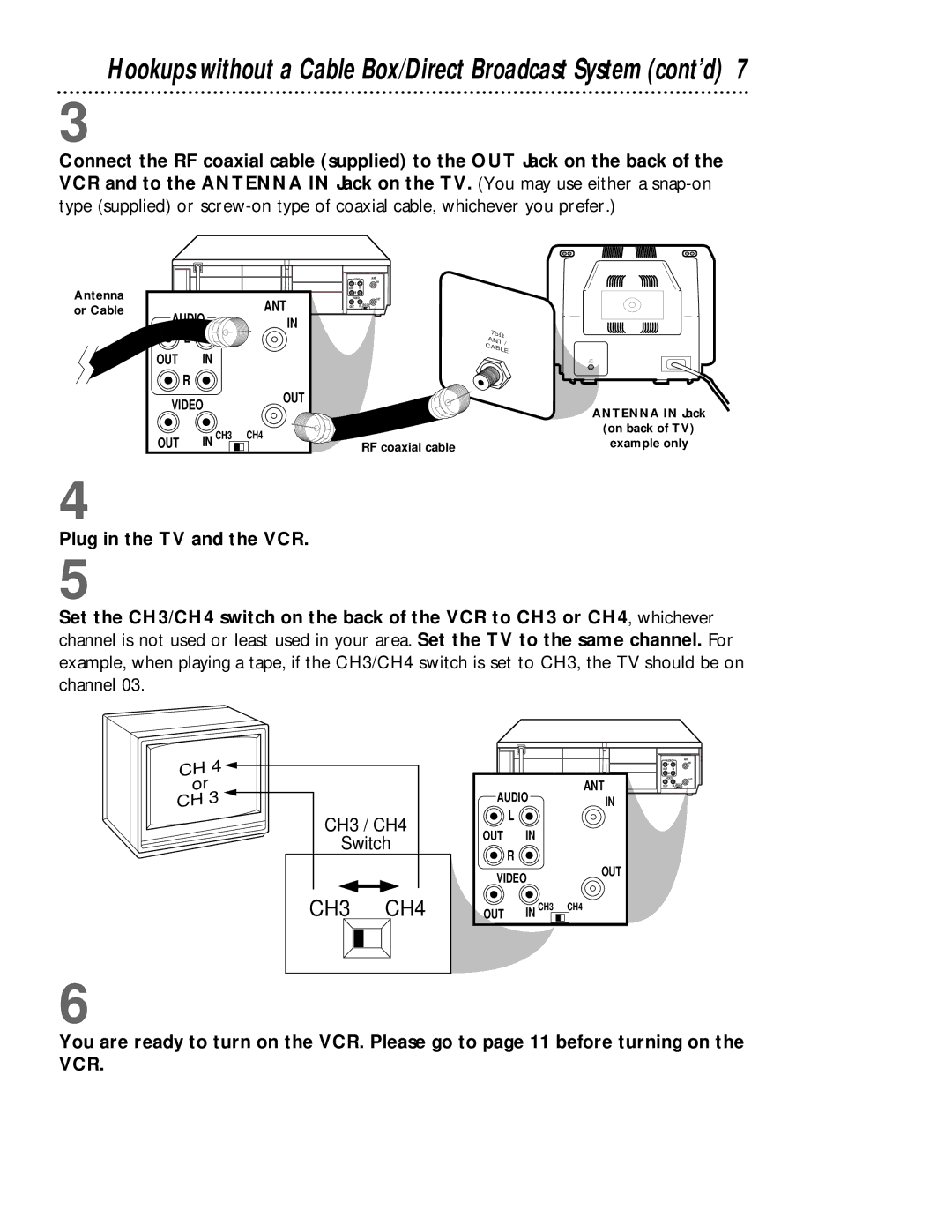 Philips VRB413AT, VRB613AT Hookups without a Cable Box/Direct Broadcast System cont’d, Plug in the TV and the VCR 