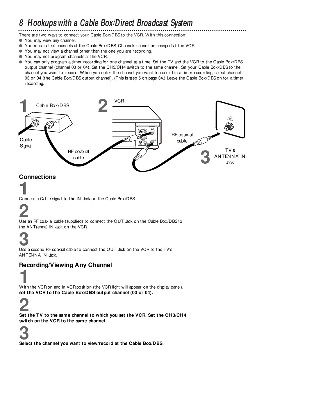 Philips VRB613AT, VRB413AT Hookups with a Cable Box/Direct Broadcast System, Connections, Recording/Viewing Any Channel 