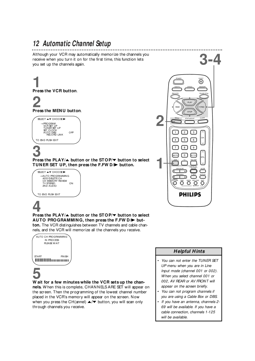 Philips VRB664AT owner manual Automatic Channel Setup, Press the VCR button Press the Menu button 