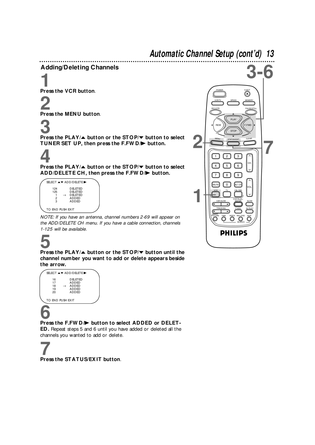 Philips VRB664AT owner manual Automatic Channel Setup cont’d, Adding/Deleting Channels 