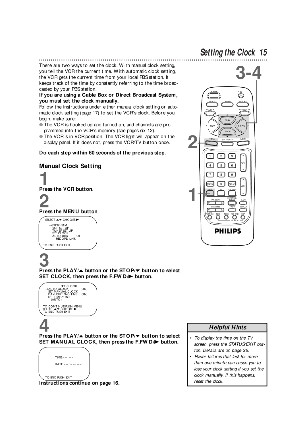 Philips VRB664AT Manual Clock Setting, Do each step within 60 seconds of the previous step, Instructions continue on 