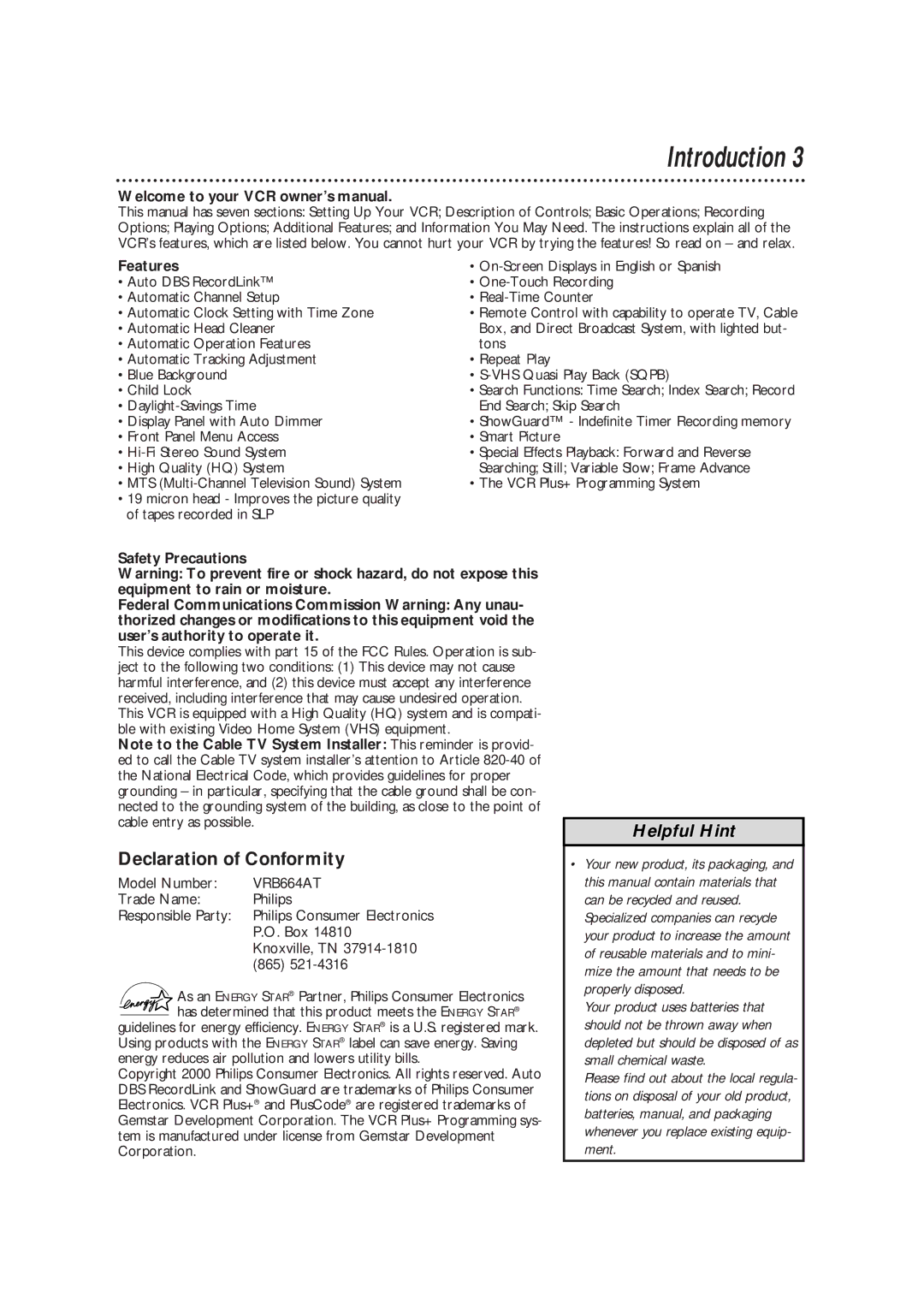 Philips VRB664AT owner manual Introduction, Declaration of Conformity, Features 