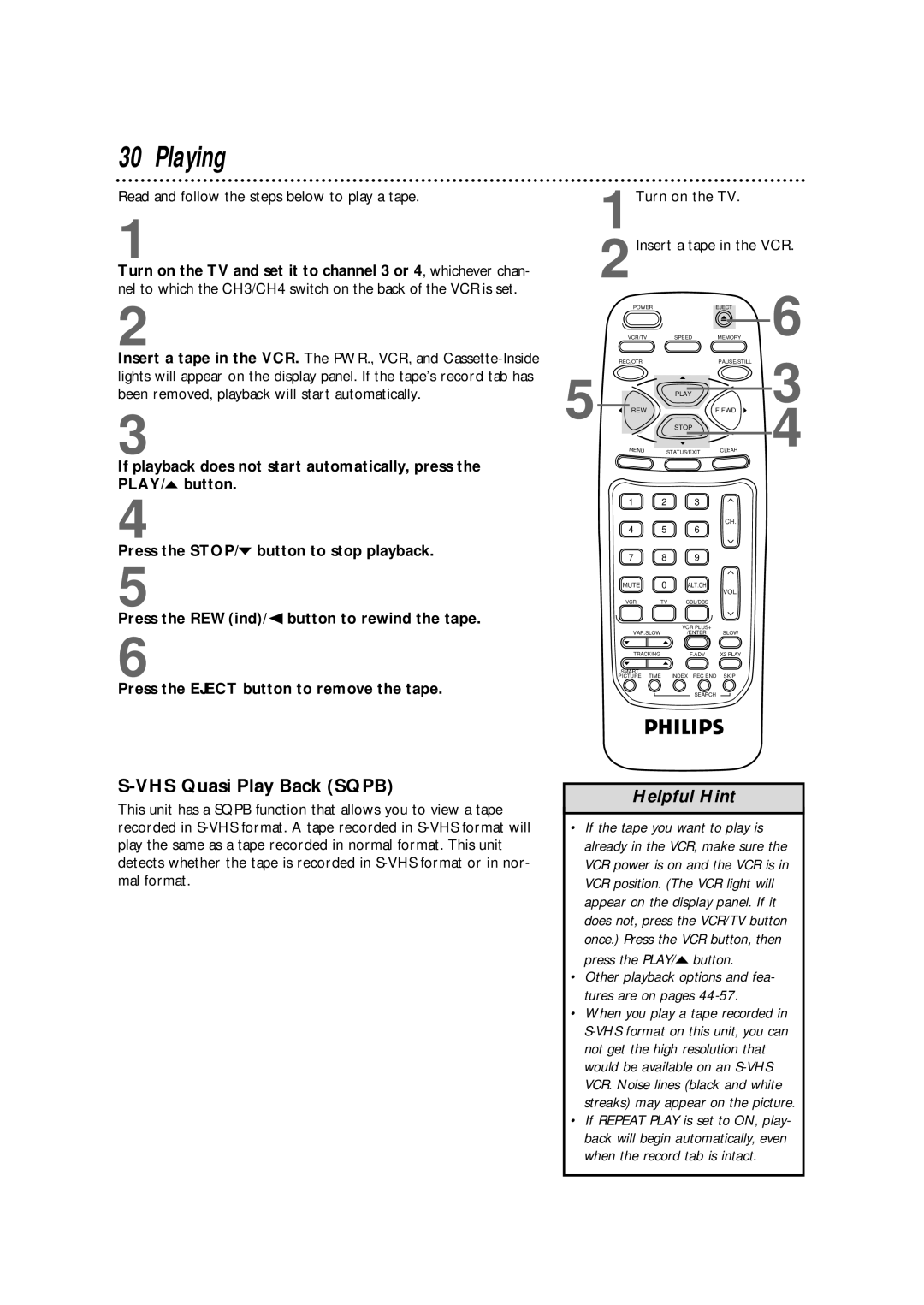 Philips VRB664AT owner manual Playing, VHS Quasi Play Back Sqpb 