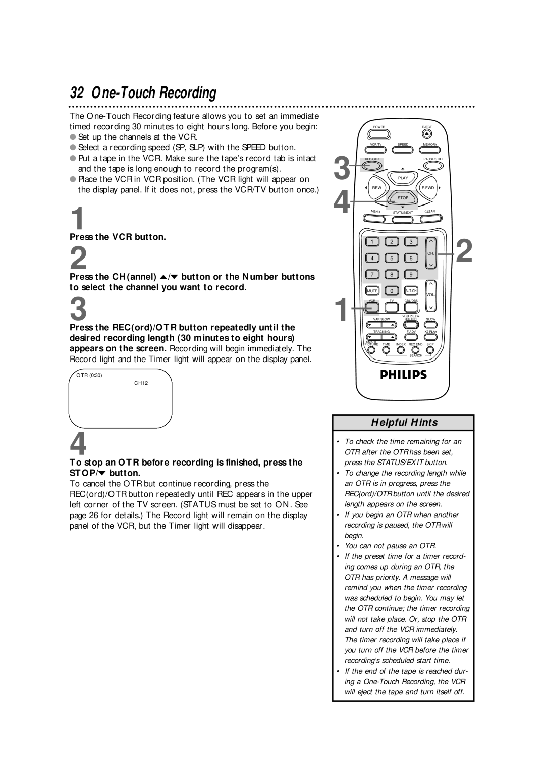 Philips VRB664AT owner manual One-Touch Recording, OTR CH12 