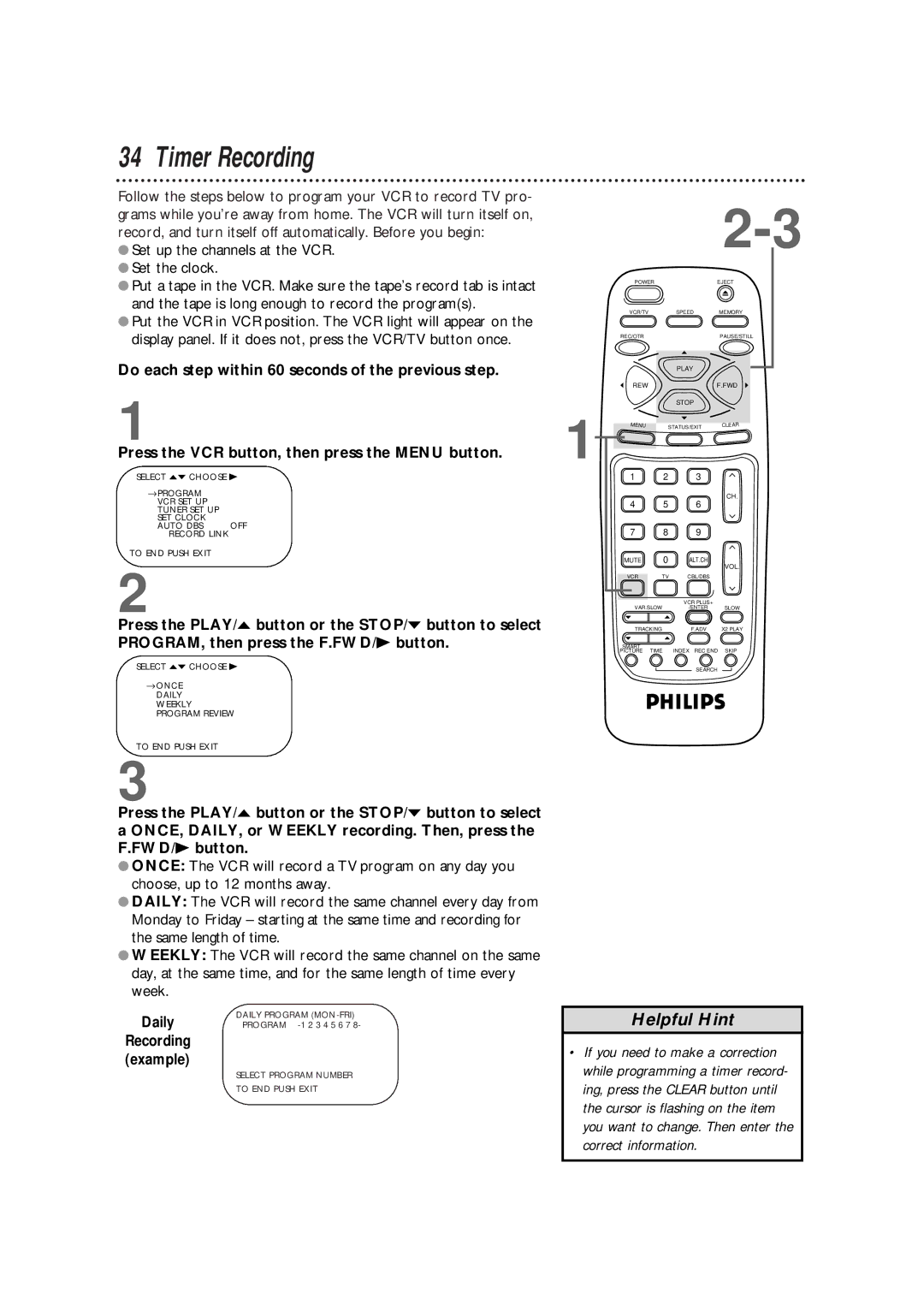 Philips VRB664AT owner manual Timer Recording, Daily 