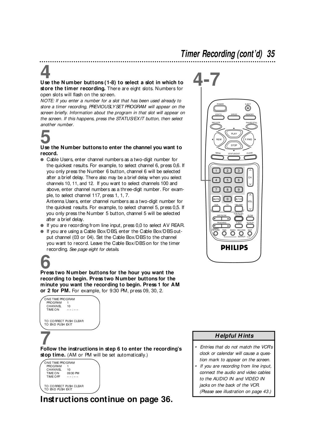 Philips VRB664AT owner manual Timer Recording cont’d 