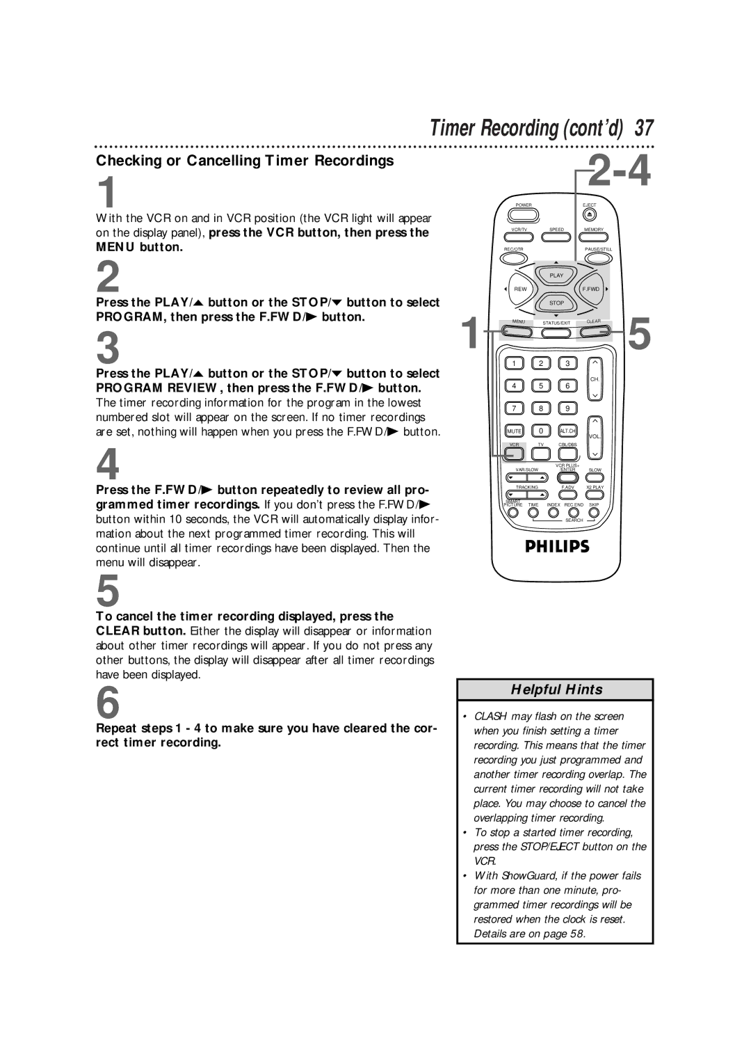 Philips VRB664AT owner manual Checking or Cancelling Timer Recordings, Menu button 