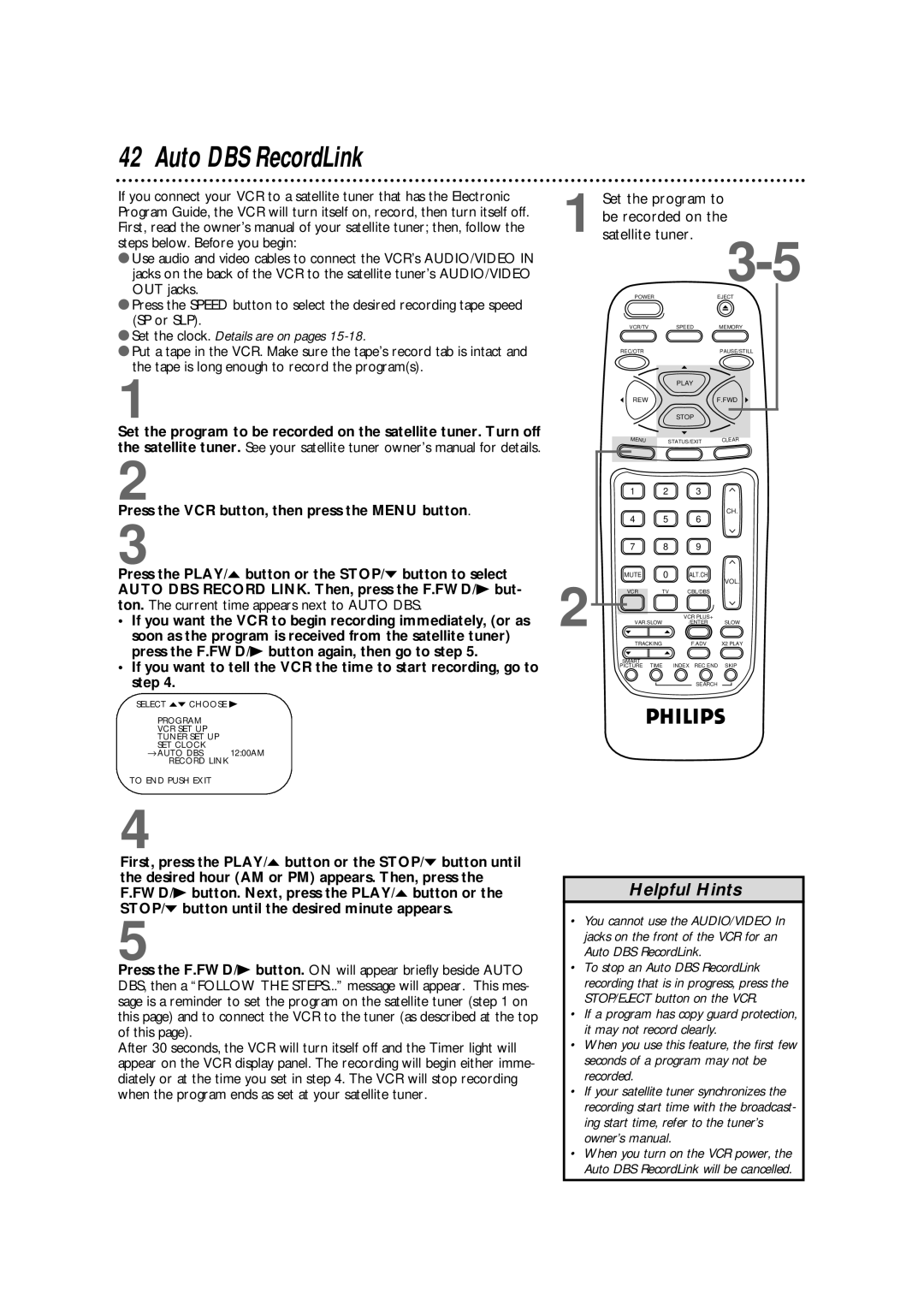 Philips VRB664AT owner manual Auto DBS RecordLink, Set the clock. Details are on pages 