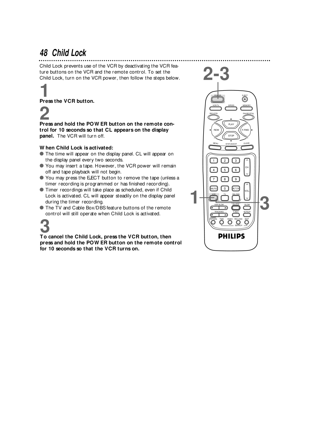 Philips VRB664AT owner manual When Child Lock is activated 