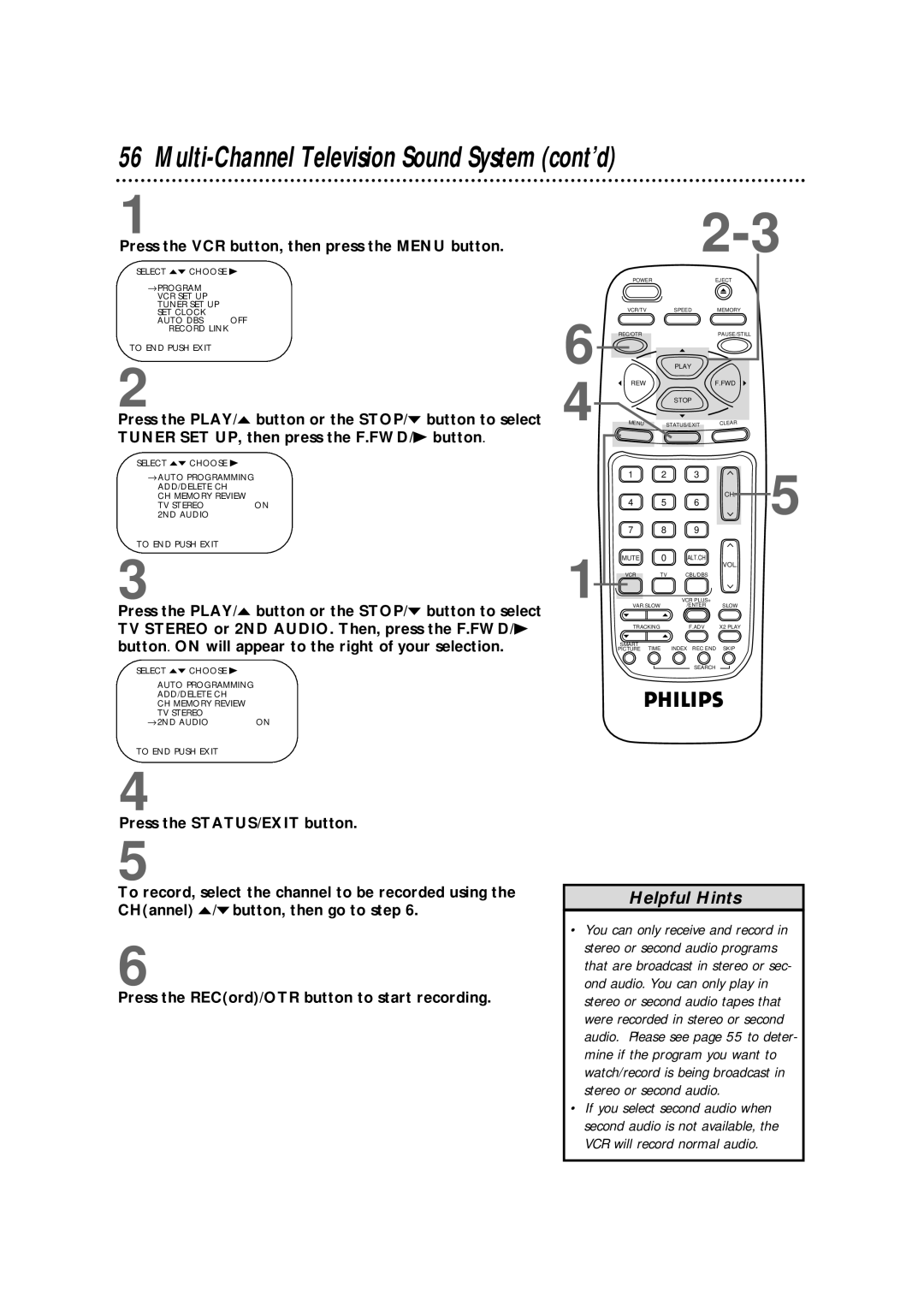 Philips VRB664AT Multi-Channel Television Sound System cont’d, Press the VCR button, then press the Menu button 