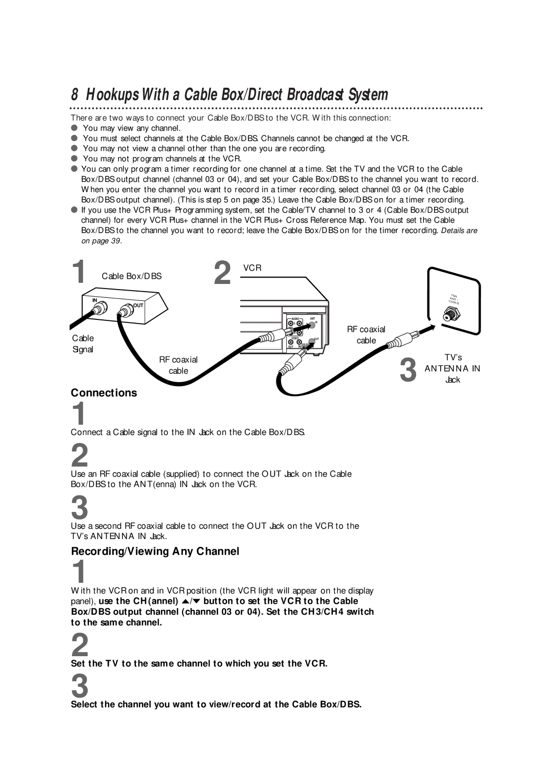 Philips VRB664AT owner manual Hookups With a Cable Box/Direct Broadcast System, Connections, Recording/Viewing Any Channel 