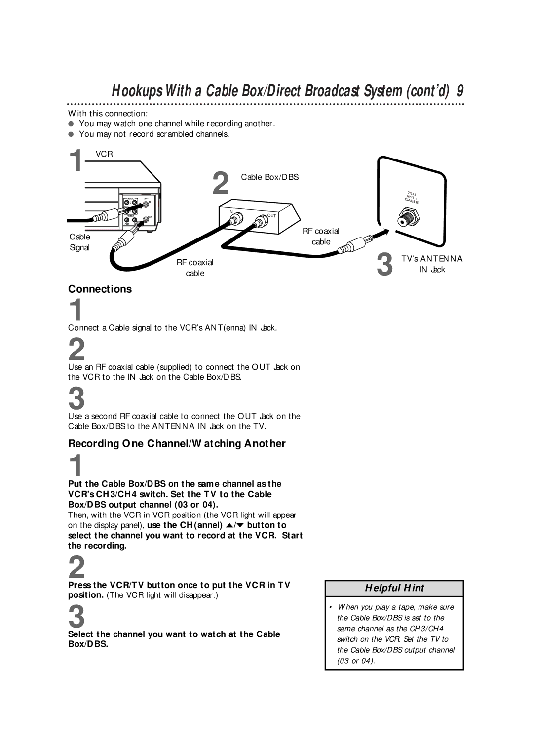 Philips VRB664AT Hookups With a Cable Box/Direct Broadcast System cont’d, Recording One Channel/Watching Another 