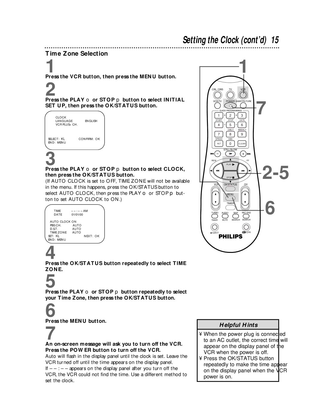 Philips VRB615AT, VRB665AT owner manual Setting the Clock cont’d, Time Zone Selection 