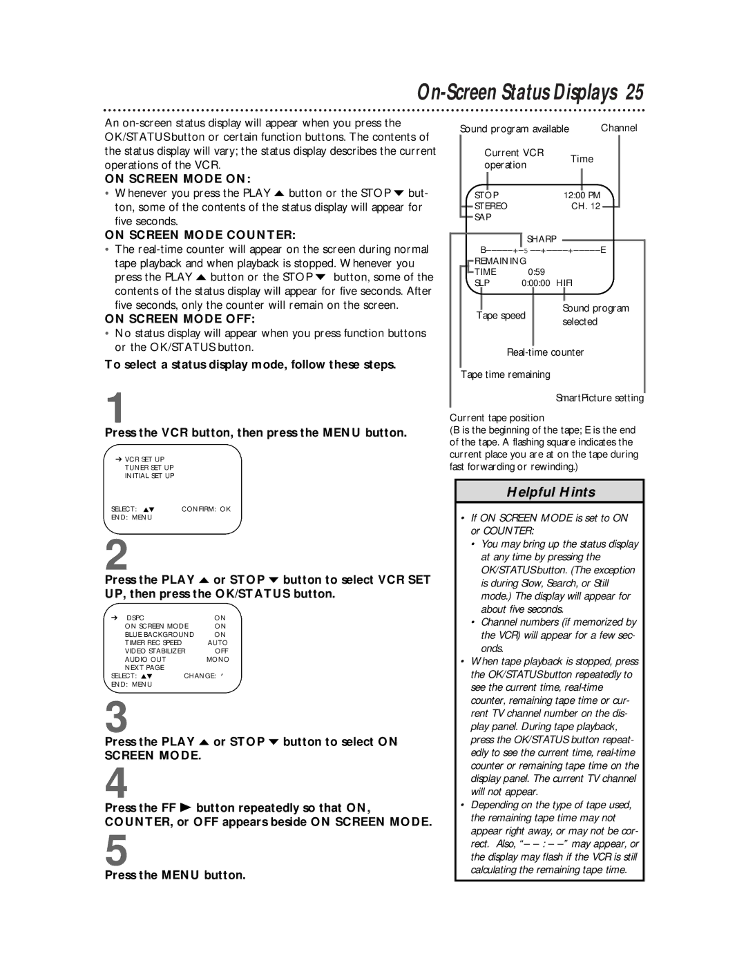 Philips VRB615AT, VRB665AT owner manual On Screen Mode on, On Screen Mode Counter, On Screen Mode OFF 