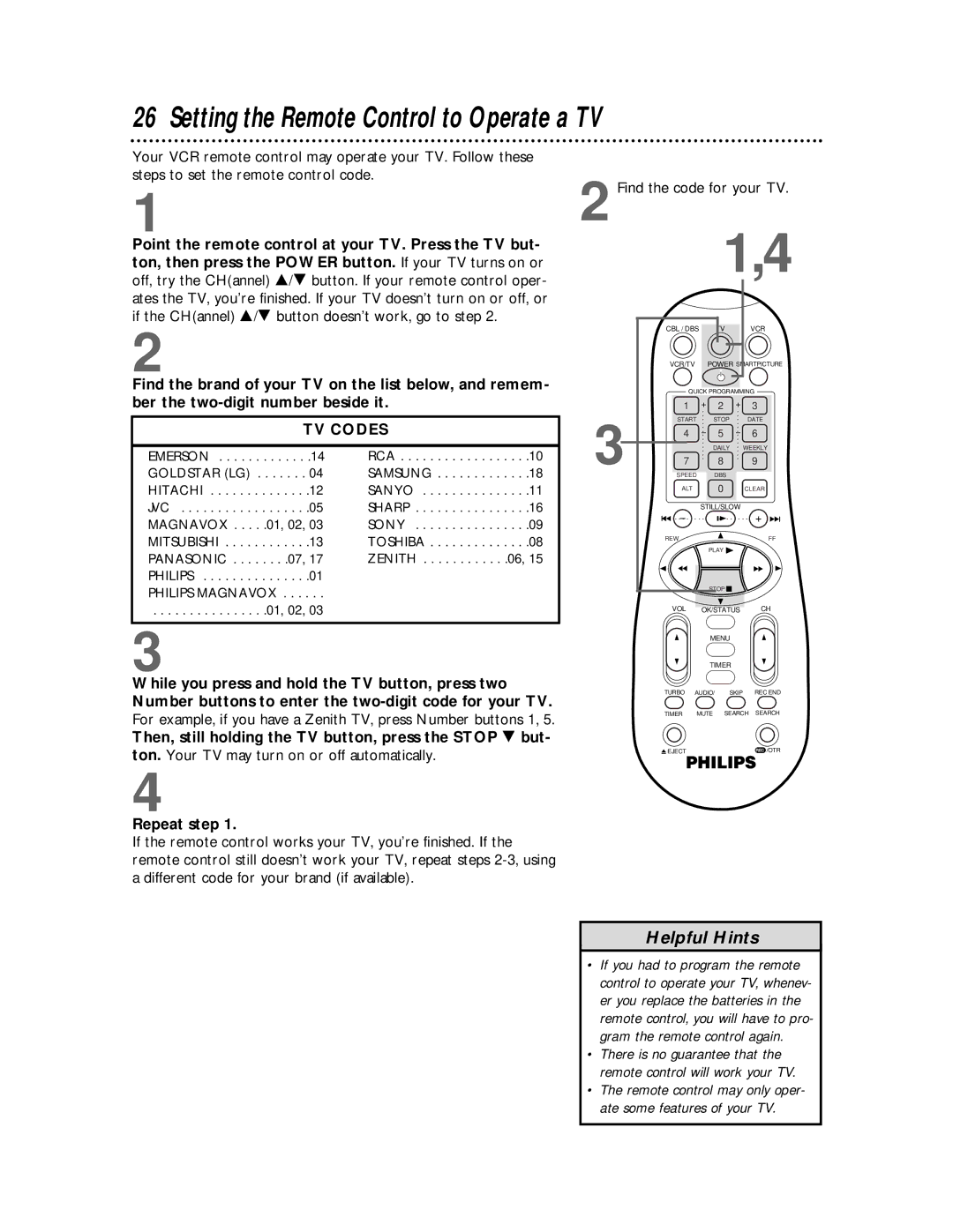 Philips VRB665AT, VRB615AT Setting the Remote Control to Operate a TV, TV Codes, Find the code for your TV, Repeat step 