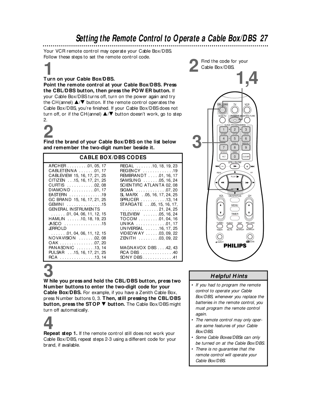 Philips VRB615AT, VRB665AT owner manual Setting the Remote Control to Operate a Cable Box/DBS 