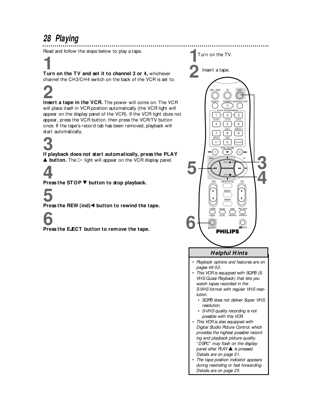 Philips VRB665AT, VRB615AT owner manual Playing, If playback does not start automatically, press the Play 