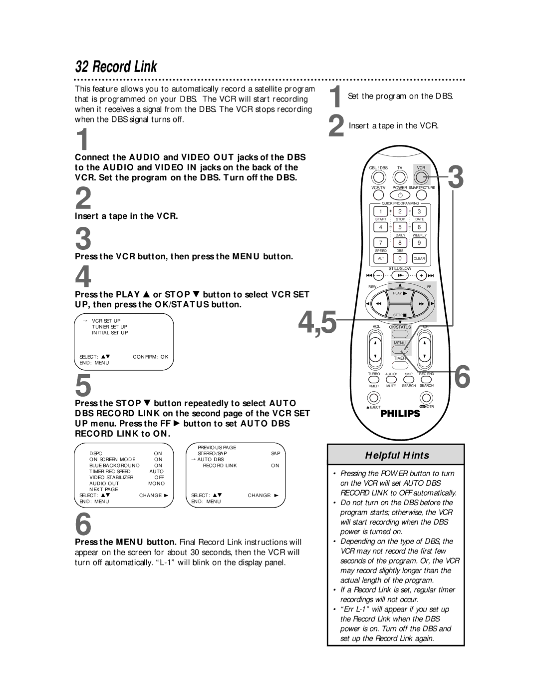 Philips VRB665AT, VRB615AT owner manual Record Link, 1Set the program on the DBS 2Insert a tape in the VCR 