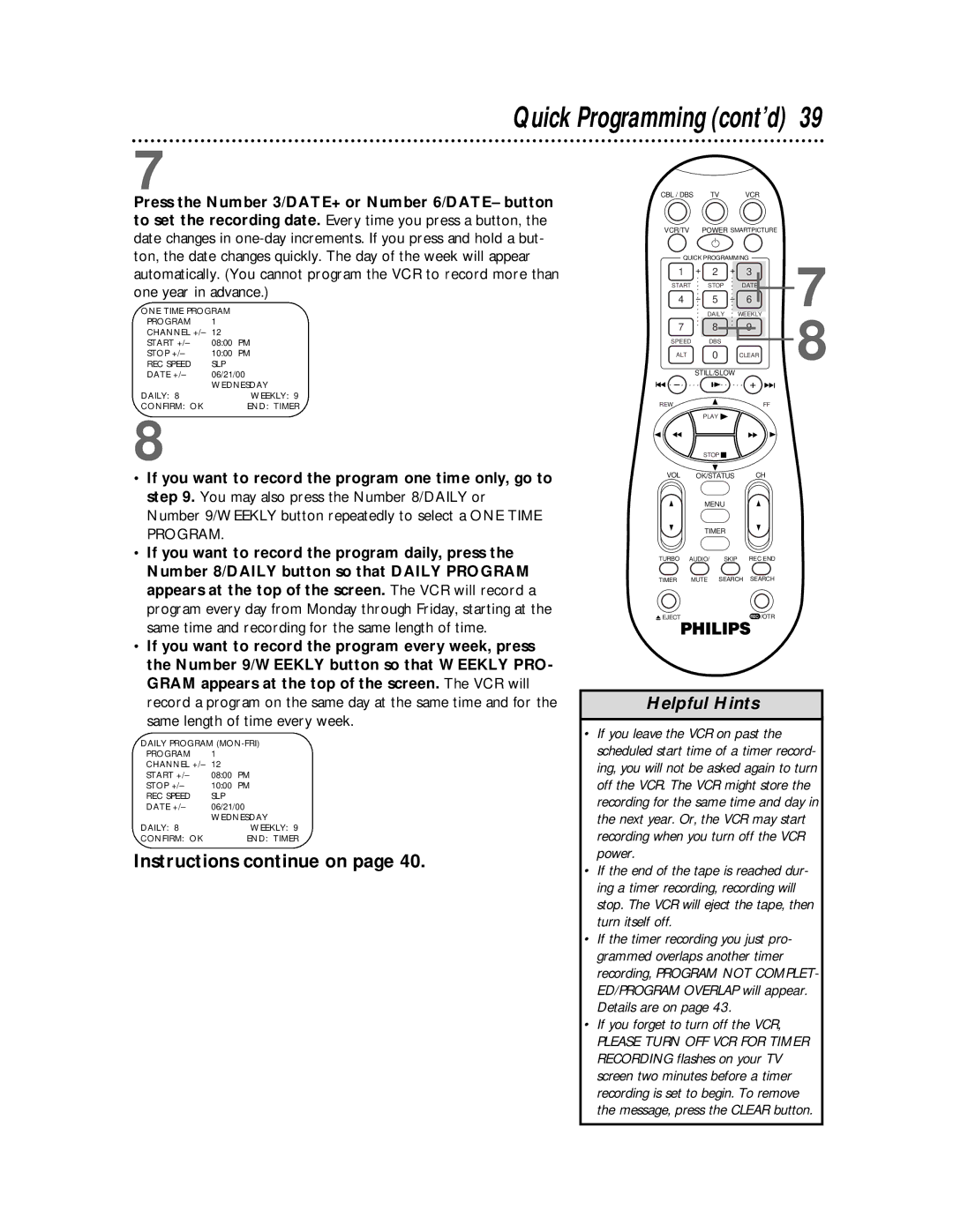 Philips VRB615AT, VRB665AT owner manual Quick Programming cont’d 