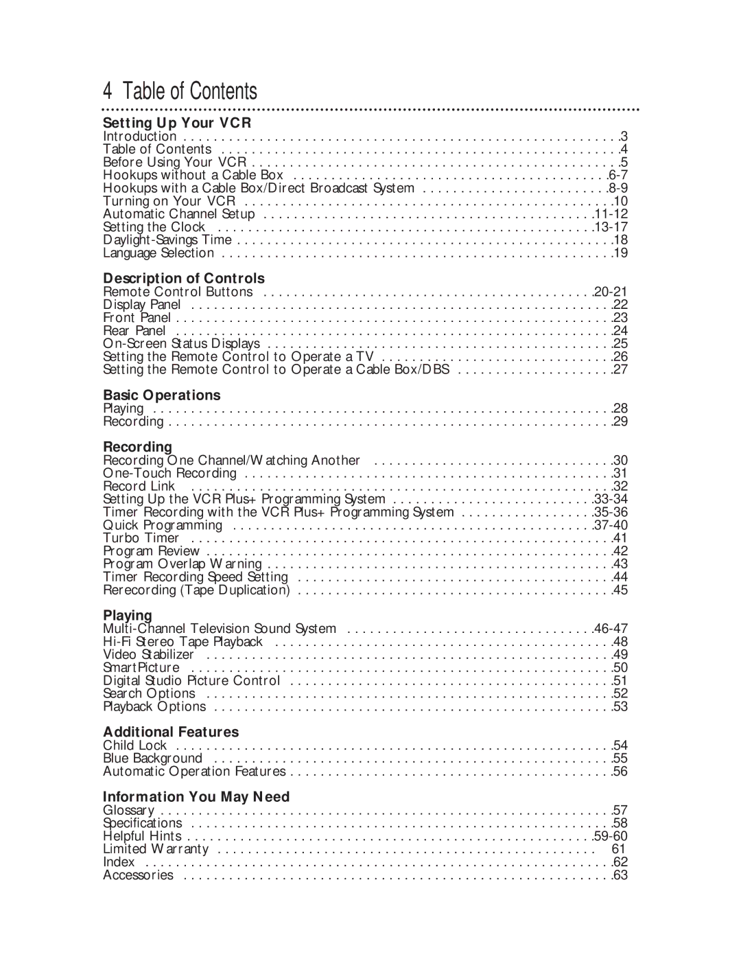 Philips VRB665AT, VRB615AT owner manual Table of Contents 