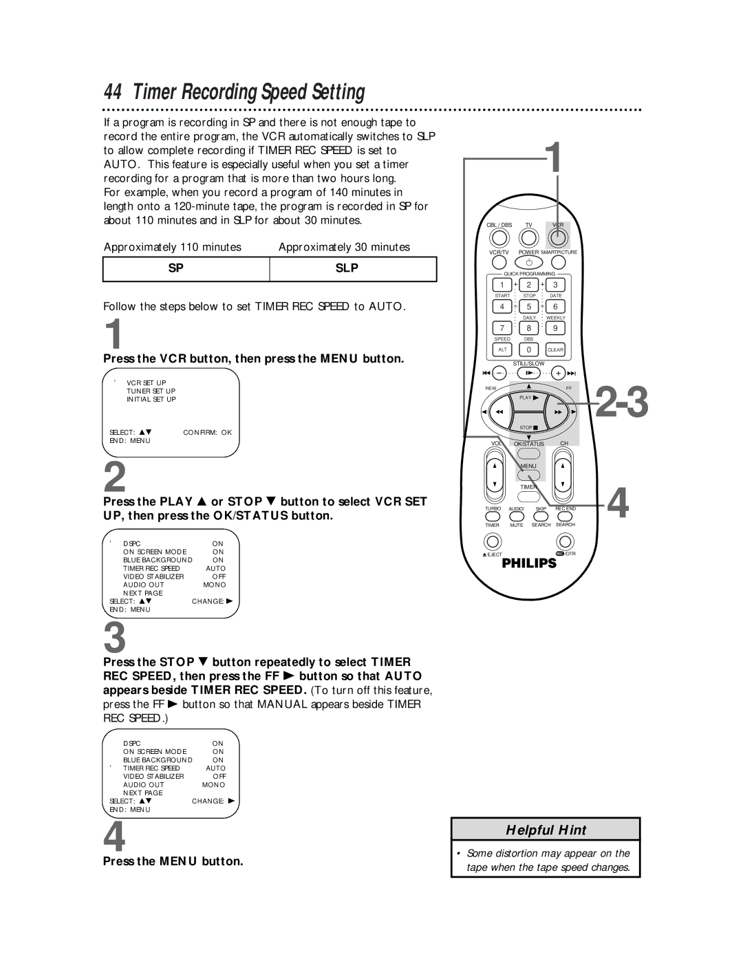 Philips VRB665AT, VRB615AT owner manual Slp, Follow the steps below to set Timer REC Speed to Auto 