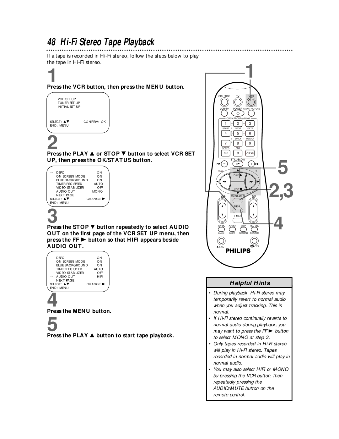 Philips VRB665AT, VRB615AT owner manual Hi-Fi Stereo Tape Playback, Audio OUT 