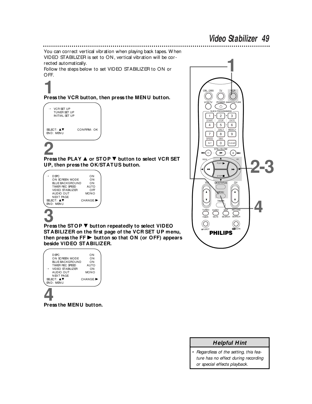 Philips VRB615AT, VRB665AT owner manual Video Stabilizer, Or special effects playback 