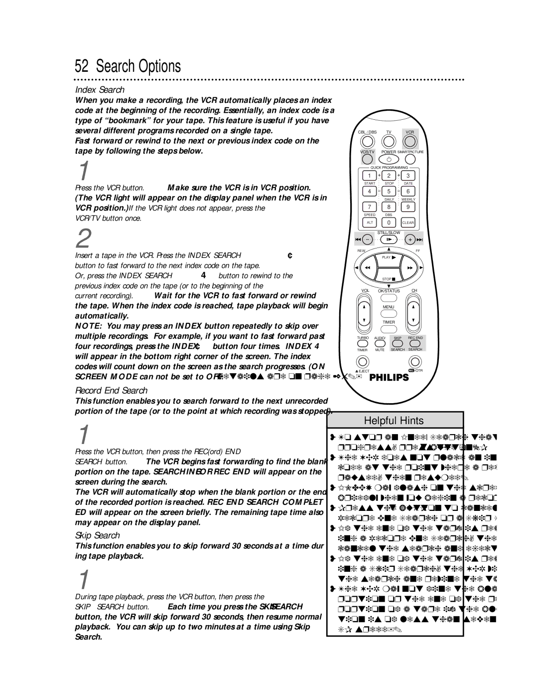 Philips VRB665AT, VRB615AT owner manual Search Options, Index Search, Record End Search, Skip Search, SP speed 