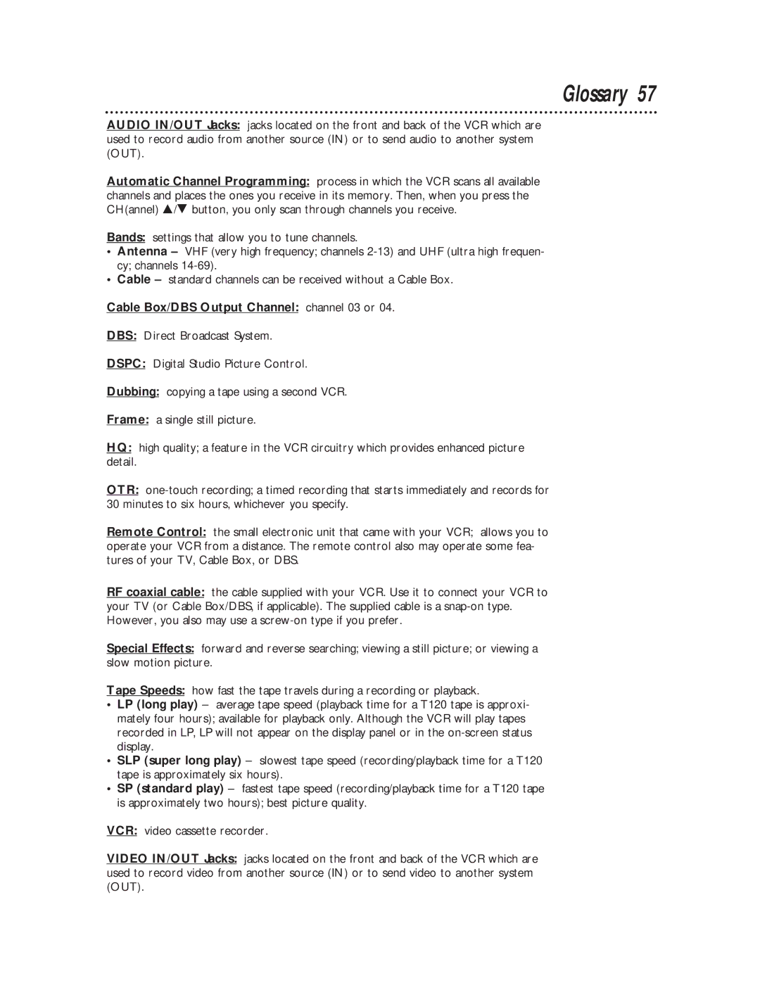 Philips VRB615AT, VRB665AT owner manual Glossary, Cable Box/DBS Output Channel channel 03 or 