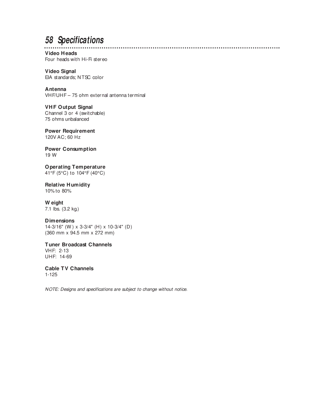 Philips VRB665AT, VRB615AT owner manual Specifications 