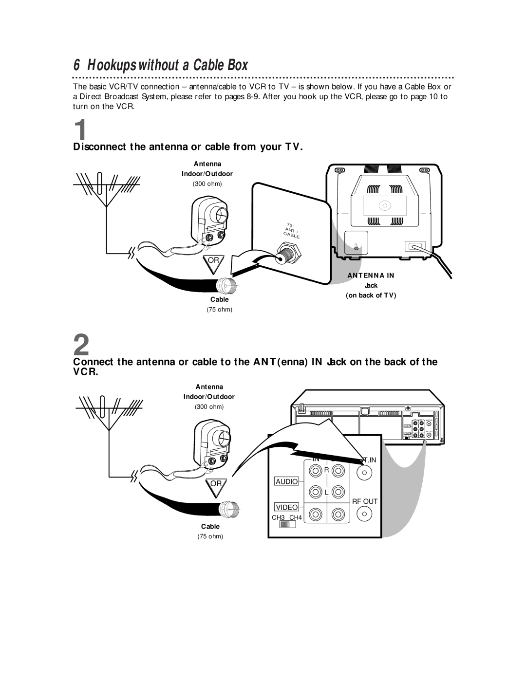 Philips VRB665AT, VRB615AT owner manual Hookups without a Cable Box, Disconnect the antenna or cable from your TV 