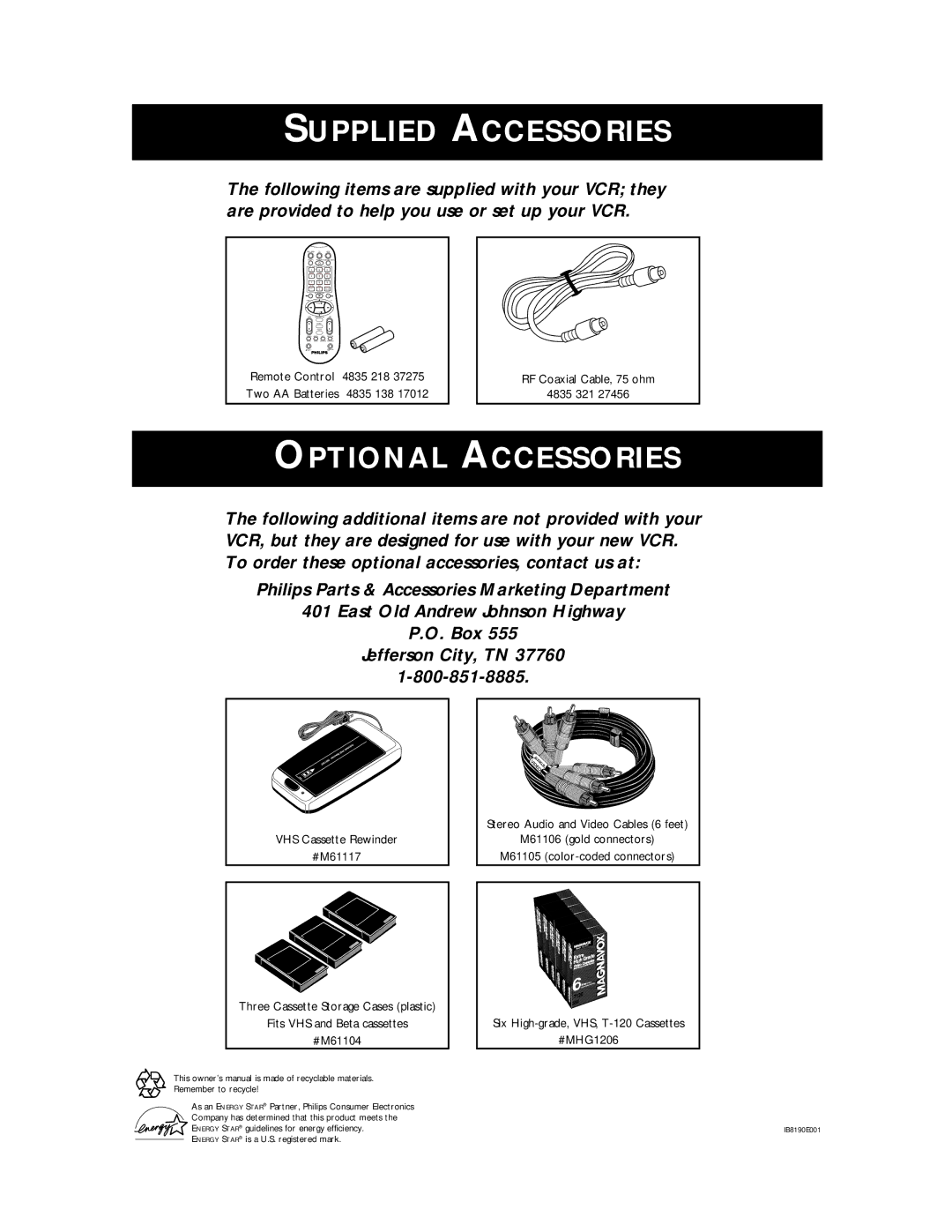 Philips VRB615AT, VRB665AT owner manual Supplied Accessories 