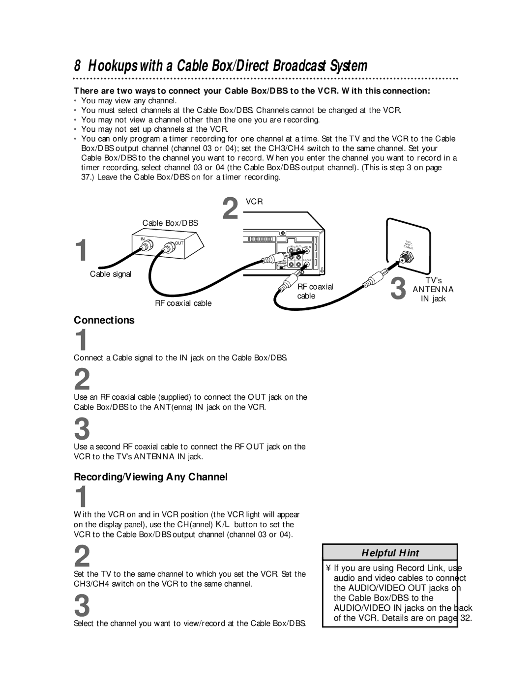 Philips VRB665AT, VRB615AT Hookups with a Cable Box/Direct Broadcast System, Connections, Recording/Viewing Any Channel 