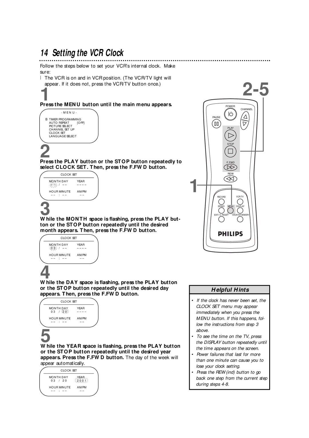 Philips VRKD12BL, VRKD11YL warranty Setting the VCR Clock 