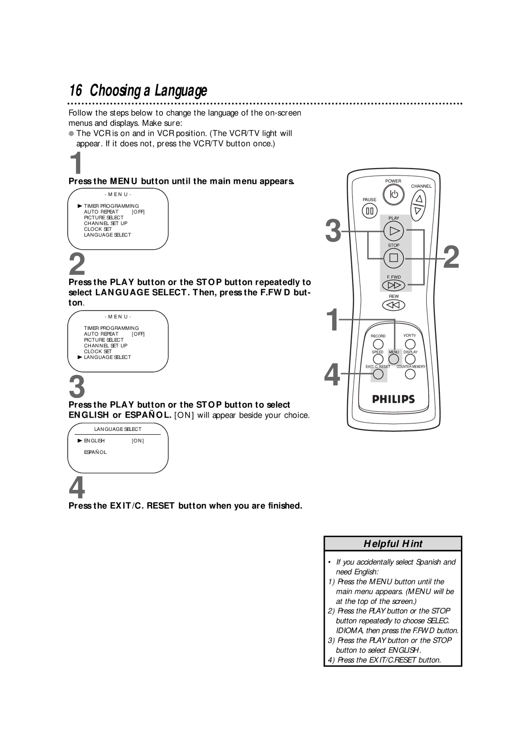 Philips VRKD12BL, VRKD11YL warranty Choosing a Language, Press the EXIT/C. Reset button when you are finished 