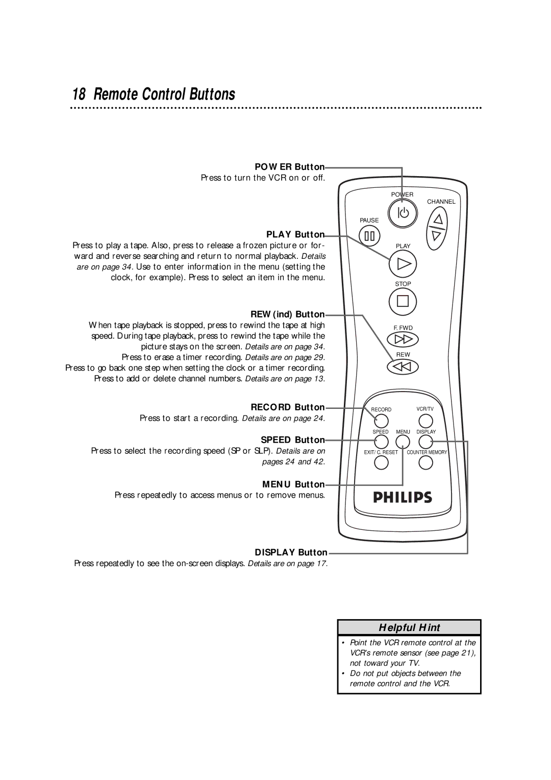 Philips VRKD12BL, VRKD11YL warranty Remote Control Buttons, Power Button, Record Button 