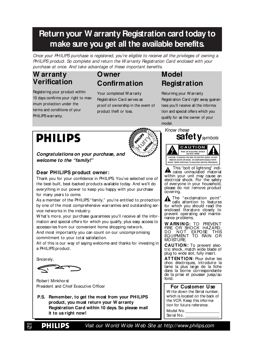 Philips VRKD12BL Dear Philips product owner, For Customer Use, This bolt of lightning indi- cates uninsulated material 