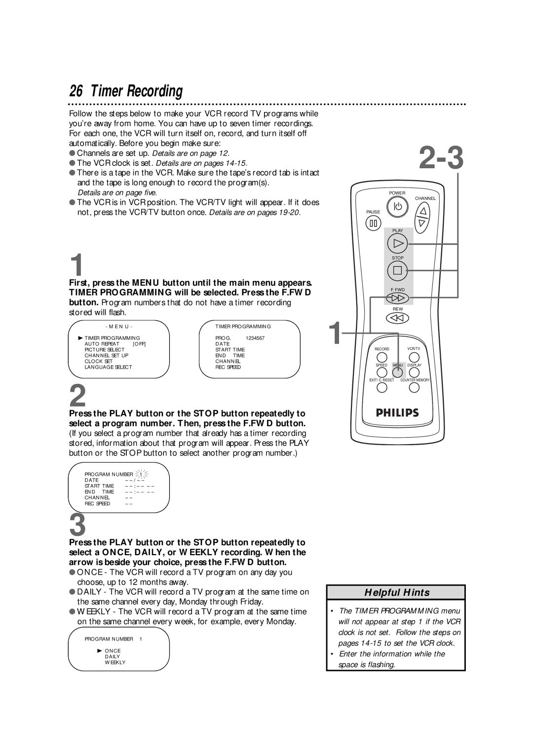 Philips VRKD12BL, VRKD11YL warranty Timer Recording, Details are on page five 