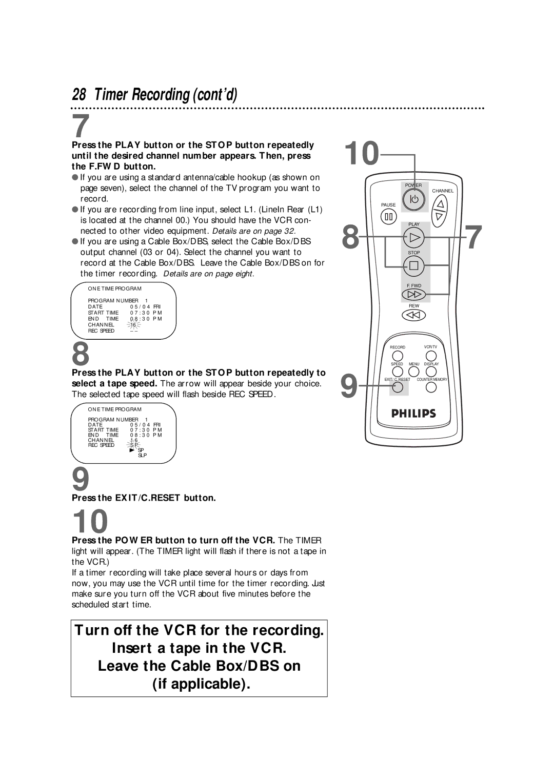 Philips VRKD12BL, VRKD11YL warranty Timer Recording cont’d 