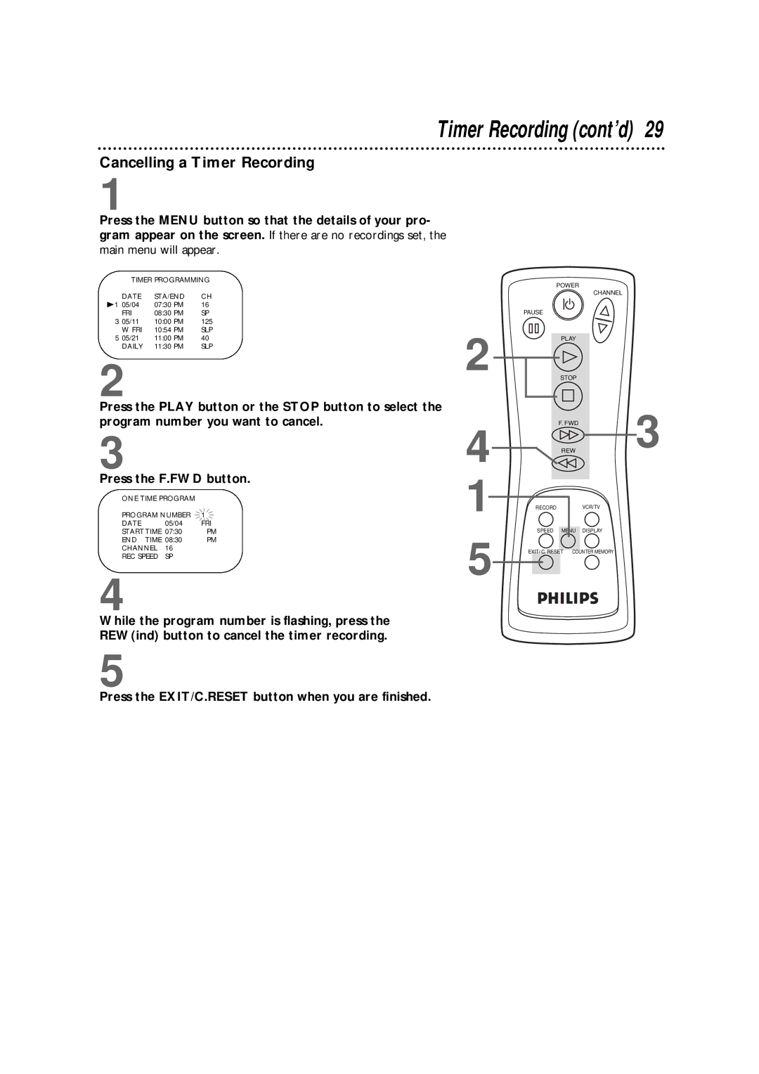 Philips VRKD11YL, VRKD12BL warranty Cancelling a Timer Recording, Main menu will appear 