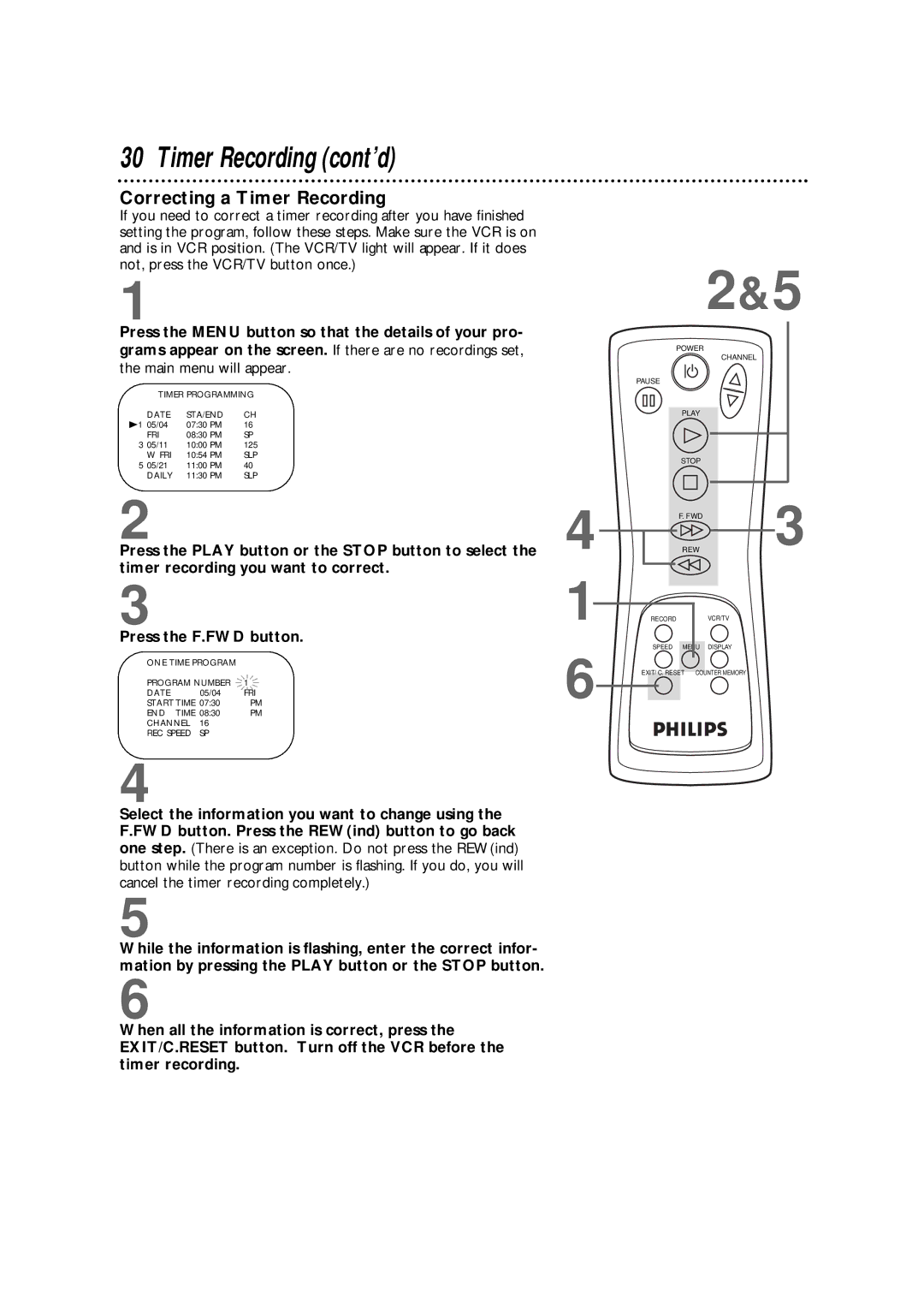 Philips VRKD12BL, VRKD11YL warranty Correcting a Timer Recording 