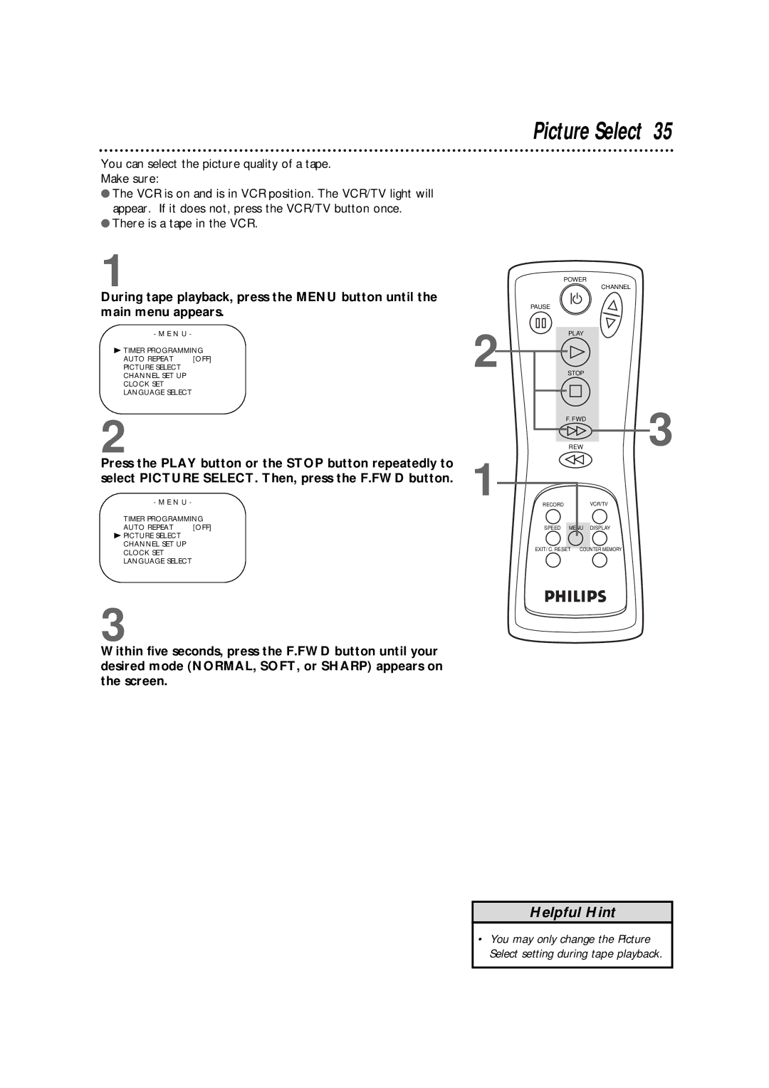 Philips VRKD11YL, VRKD12BL warranty Picture Select 