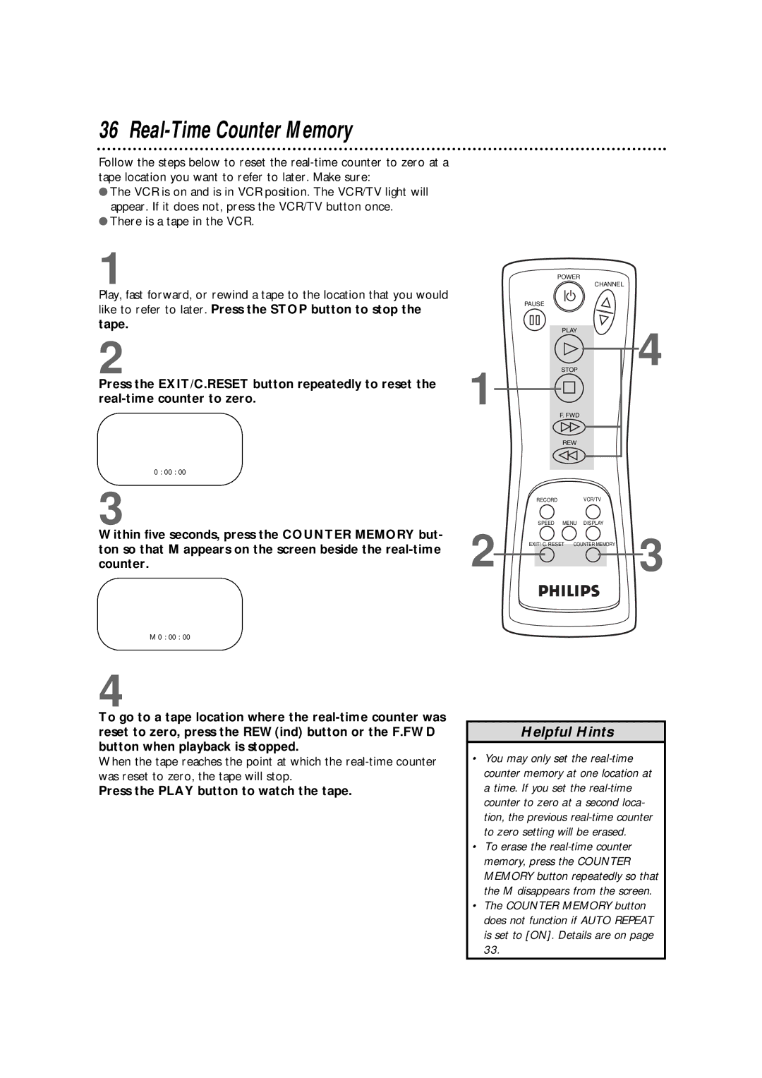 Philips VRKD12BL, VRKD11YL warranty Real-Time Counter Memory, Press the Play button to watch the tape 